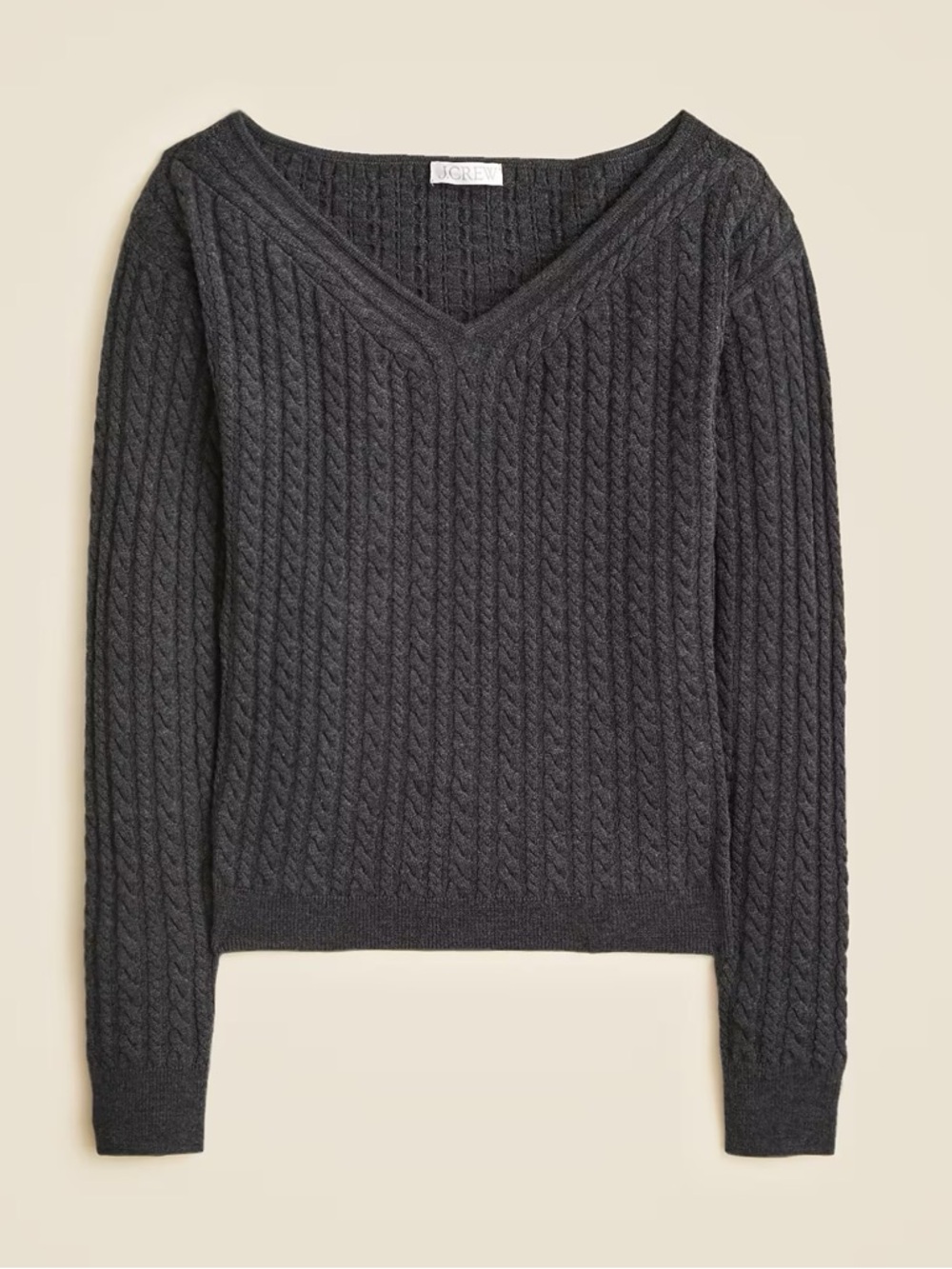 J.Crew Cable-knit wide V-neck sweater in merino wool Heather Charcoal Gray S NWT